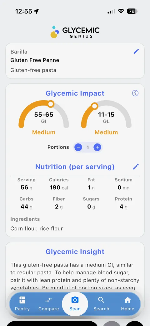 Glycemic Genius scan result for a nutrition label showing GI and GL gauges and full nutrition facts