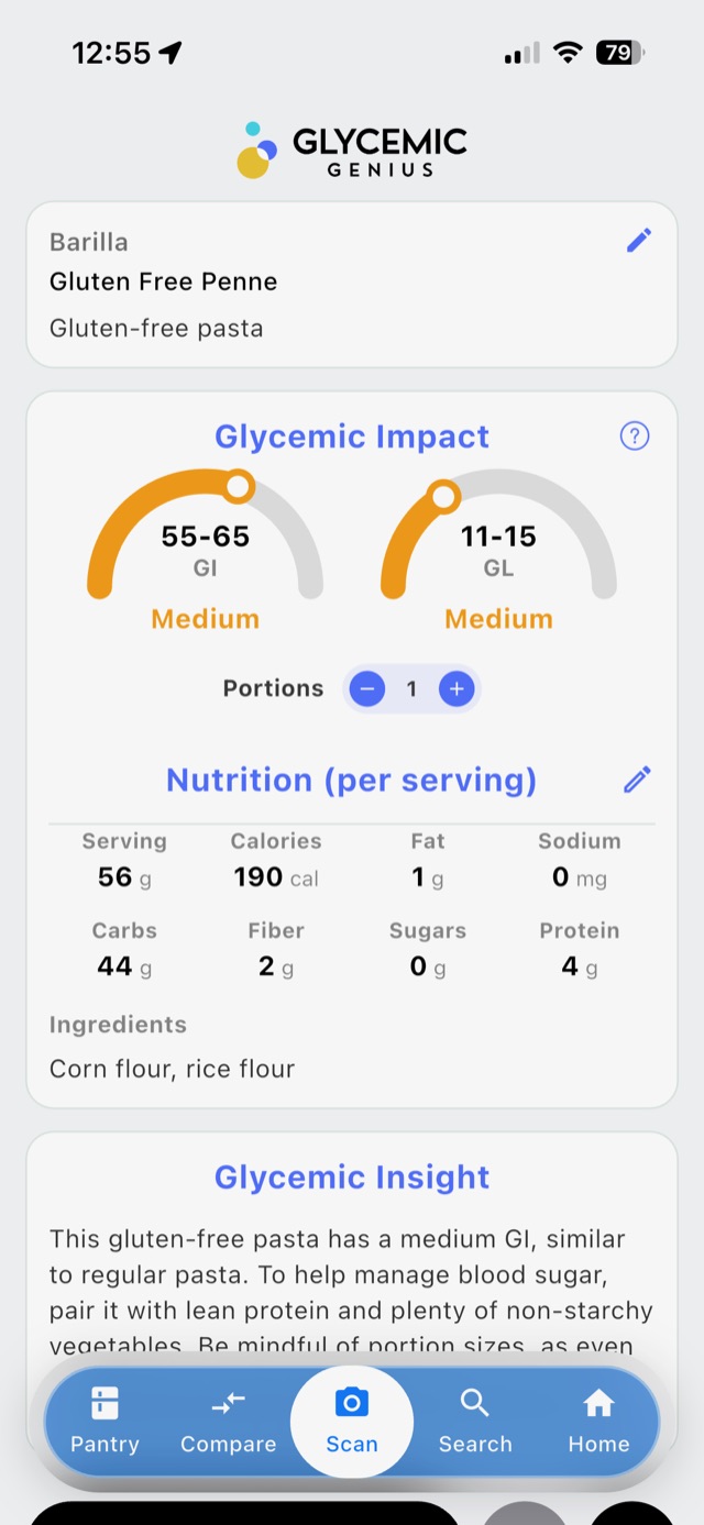 Glycemic Genius app screen showing GI 55-65 and GL 11-15 for Barilla Gluten Free Penne, rated Medium impact, with nutrition facts and an AI Glycemic Insight