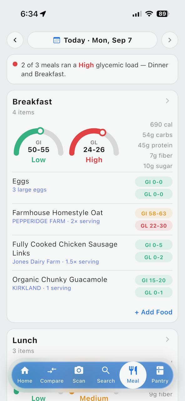 Today view in Glycemic Genius showing per-meal glycemic load scores with an alert flagging high-load meals