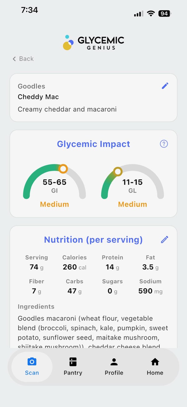 Glycemic Genius showing GI 55-65 and GL 11-15 for Goodles Cheddy Mac, rated Medium impact